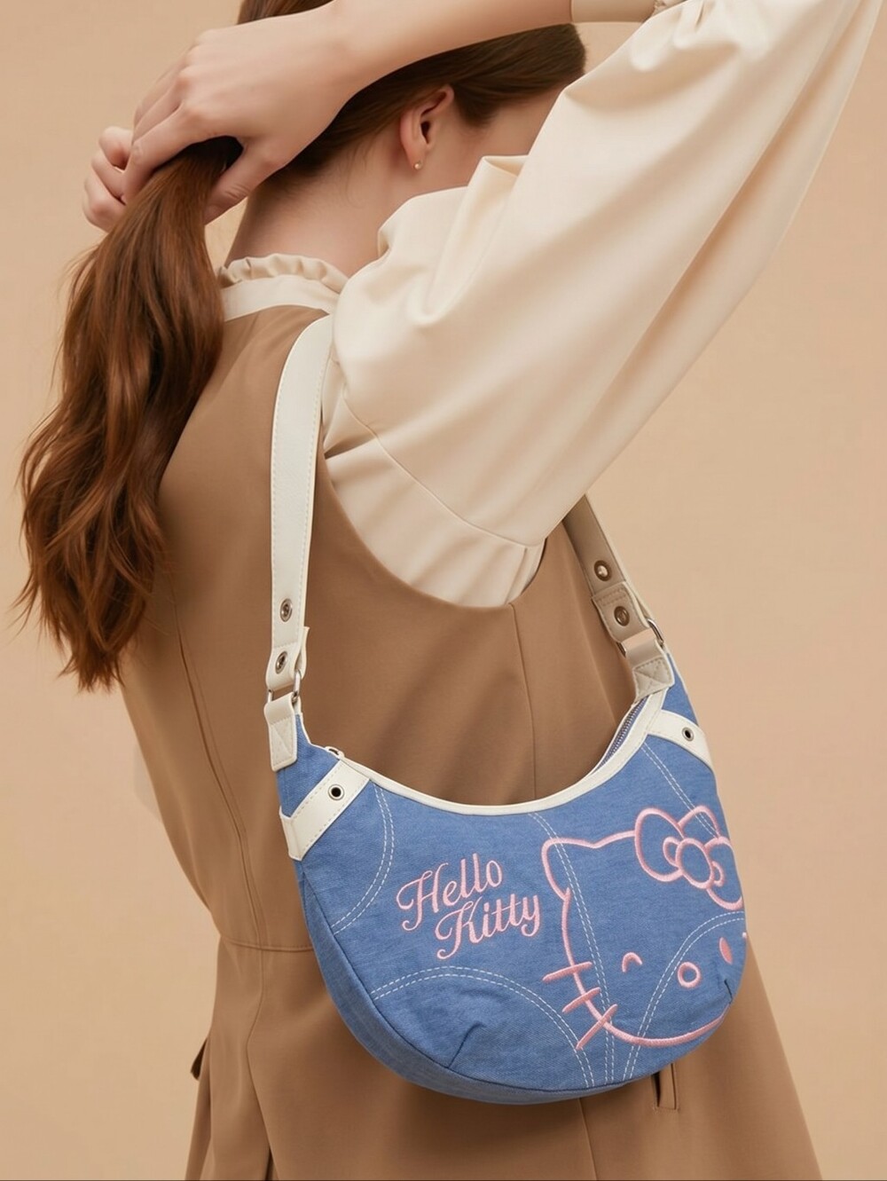 Hello Kitty Denim Hobo Purse Pink Embroidered Sanrio Blue Jean Shoulder Bag Y2K